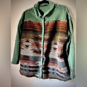 Southwestern Aztec Snap Up Jacket in Green and Rust Western Shacket L